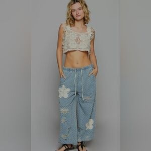 POL Floral Patch Washed Trxture Twull Pants With Crochet